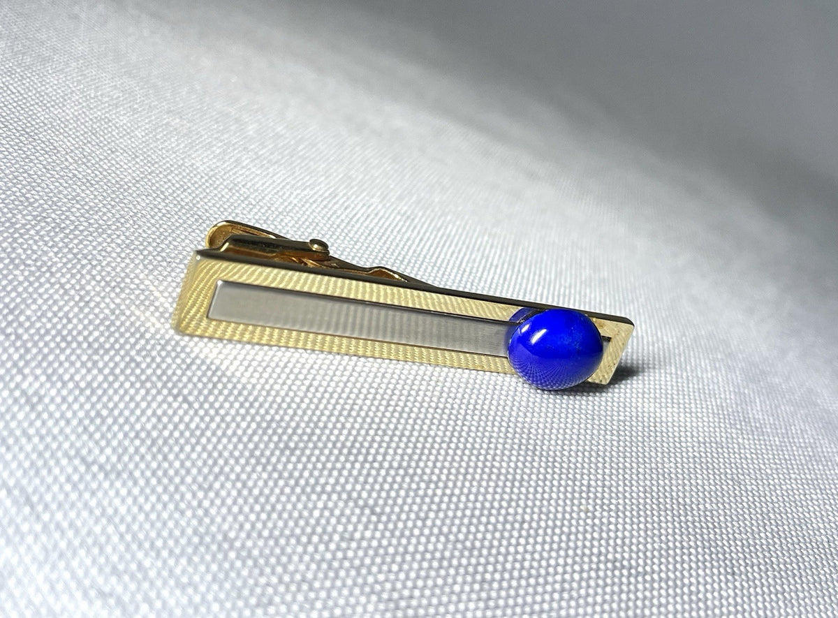Auth Rare Dior Tie Clip Blue Stone Decorations & Gold Vintage bar pin