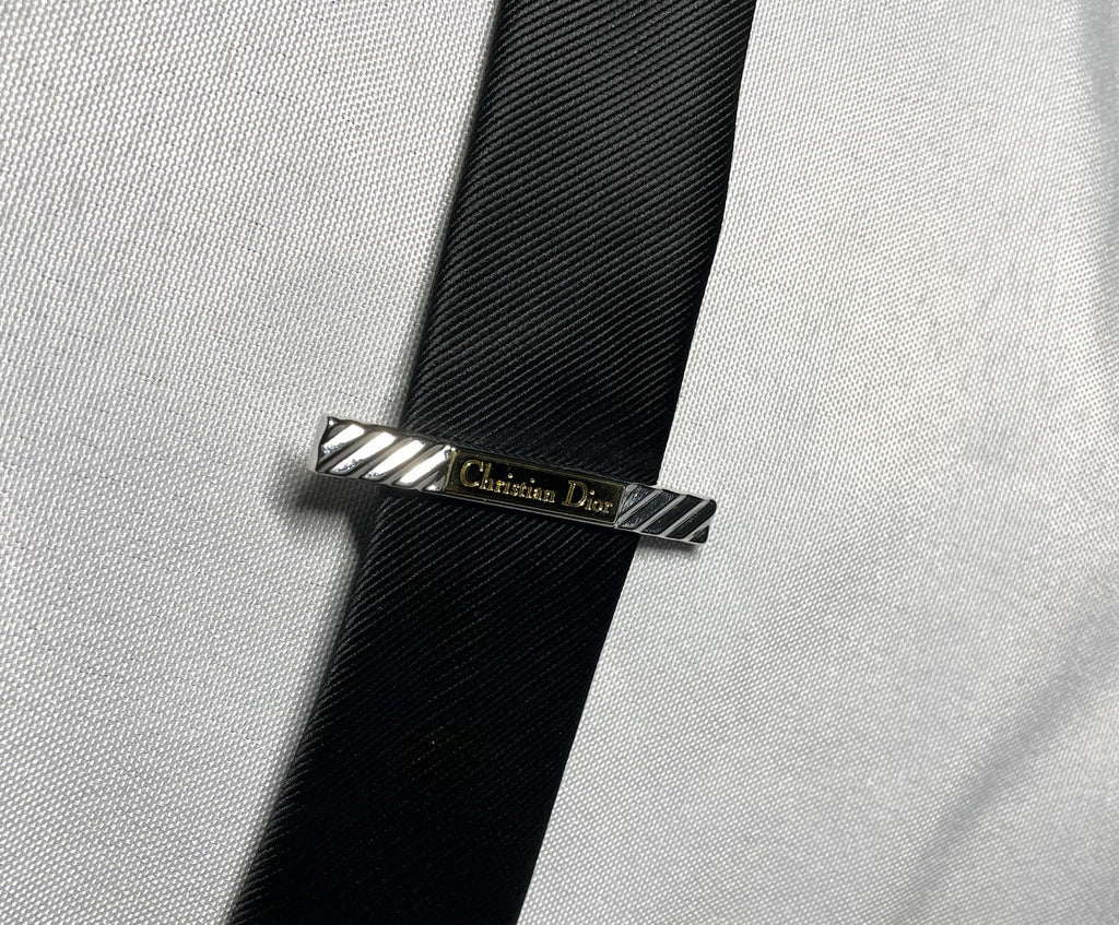 Auth [Rare] Christian Dior Logo pattern Line Tie Clip Bar pin Gold & silver