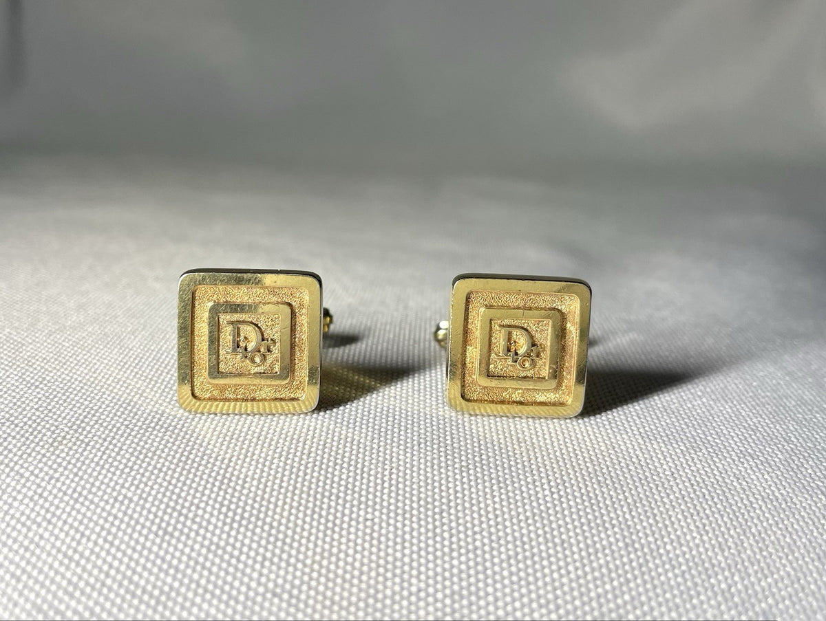 Auth [Rare] Dior Brand Logo & line Vintage square Cufflinks gold Business men