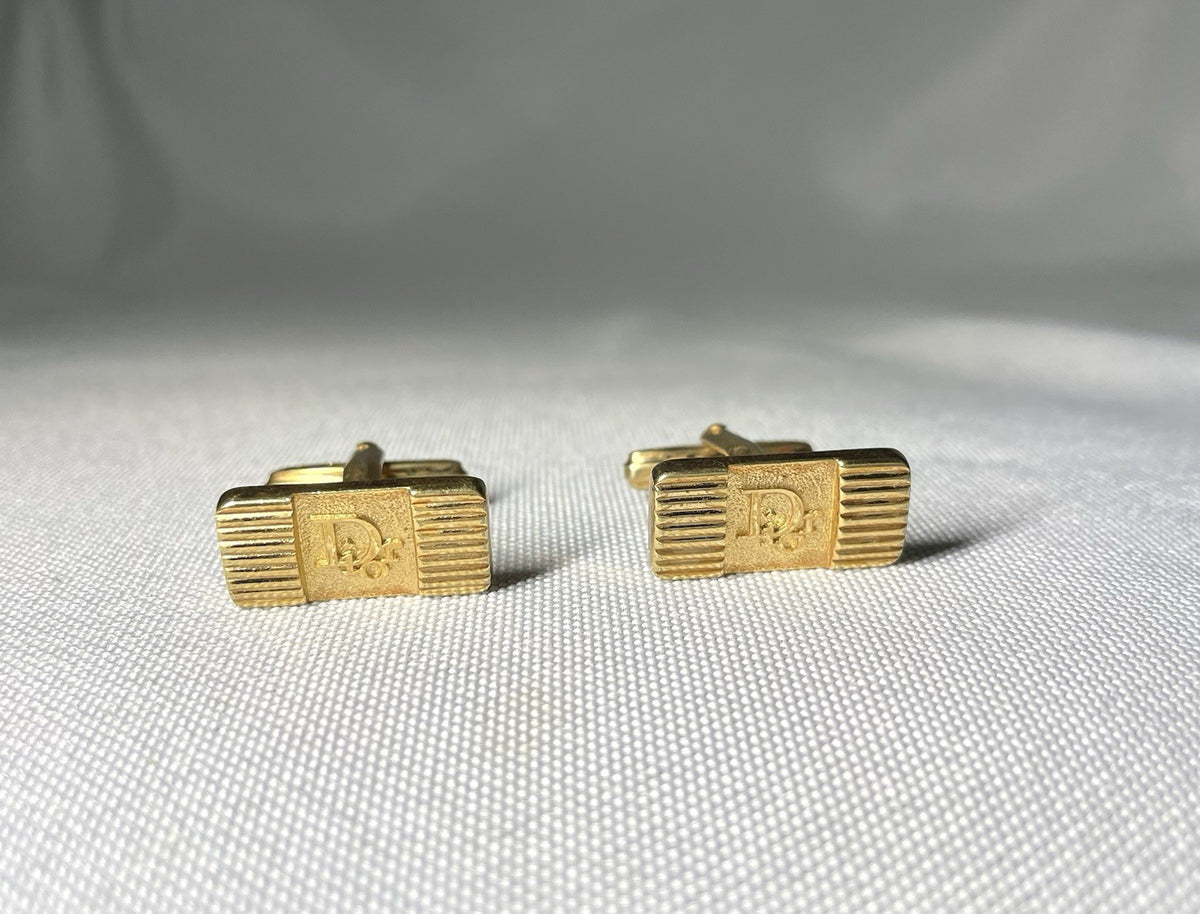 Auth [Rare] Dior Brand Logo & Stripe Vintage square Cufflinks gold Business men