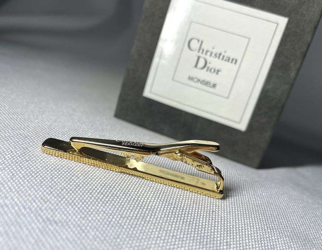 Auth [Rare] Dior tie clip logo tie bar tie pin gold vintage Mens Business +Box