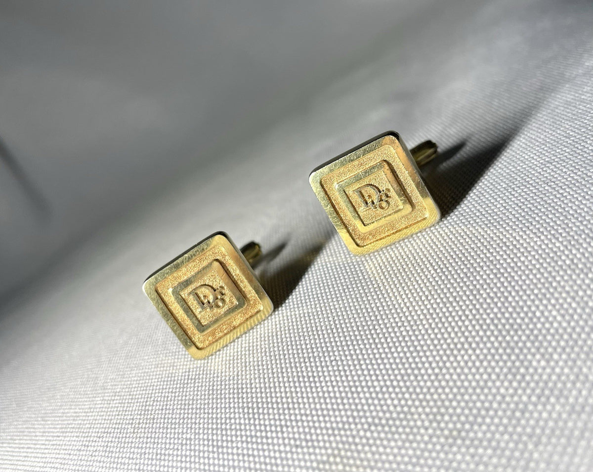 Auth [Rare] Dior Brand Logo & line Vintage square Cufflinks gold Business men