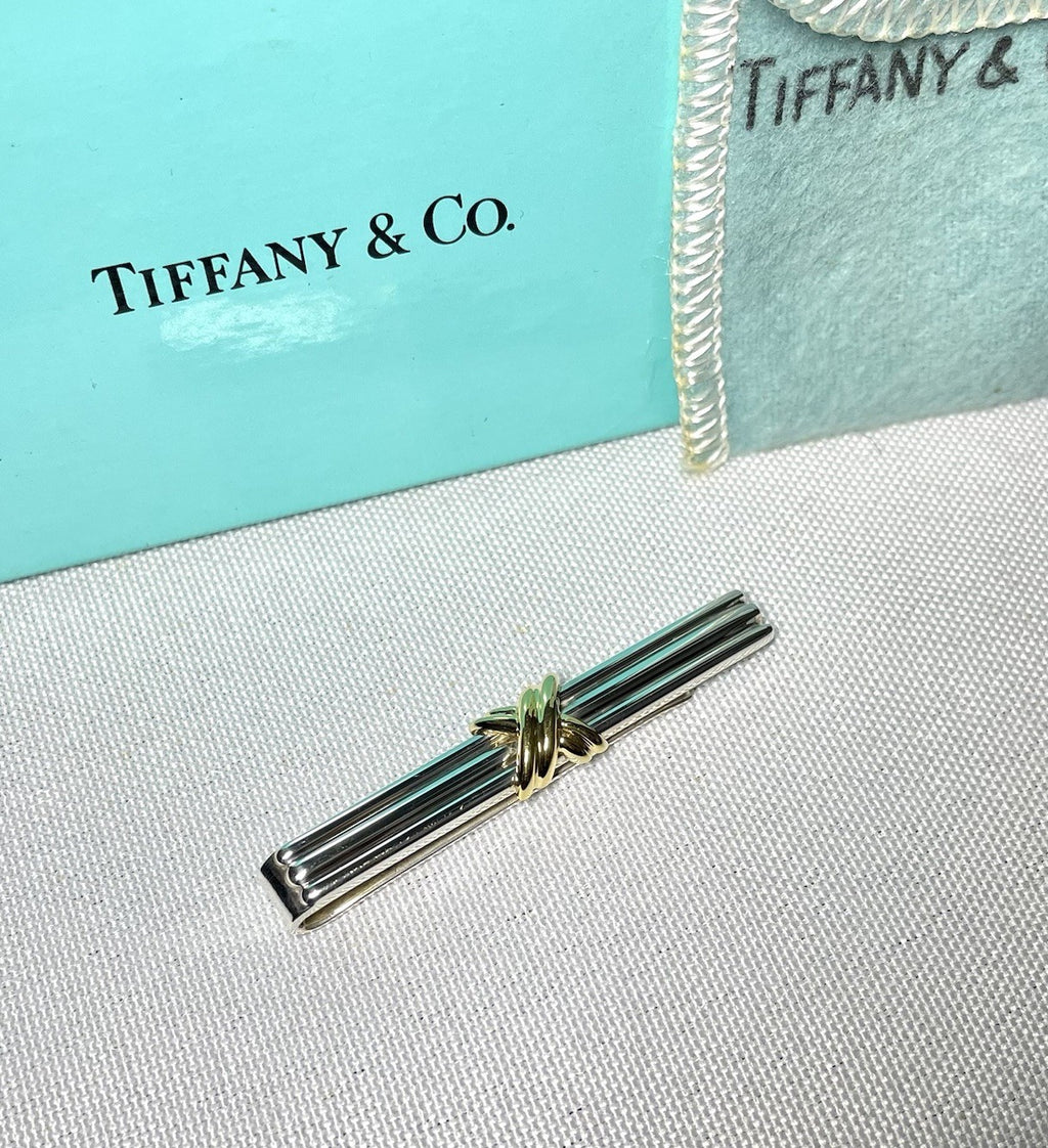 Auth [Beautiful] Tiffany Signature Cross&Stripe 18K 750 & SV925 tie clip pin bar