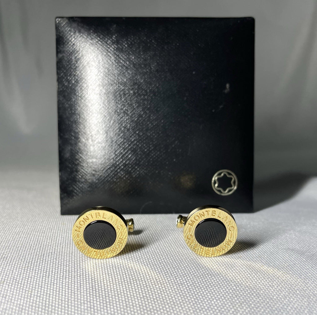 Auth [Beautiful] Montblanc Logo gold metallic & black onyx Oval cufflinks +Box
