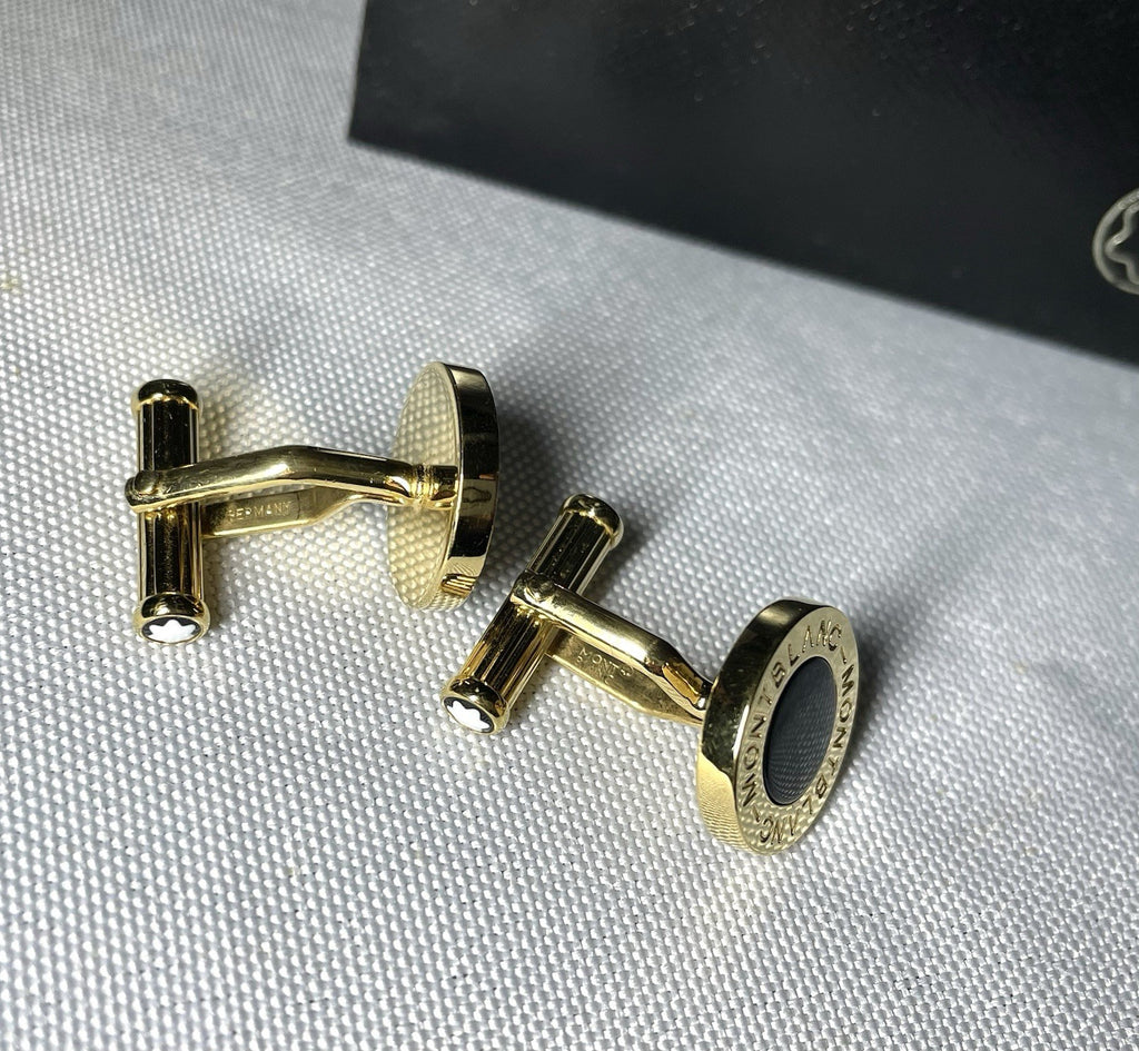 Auth [Beautiful] Montblanc Logo gold metallic & black onyx Oval cufflinks +Box