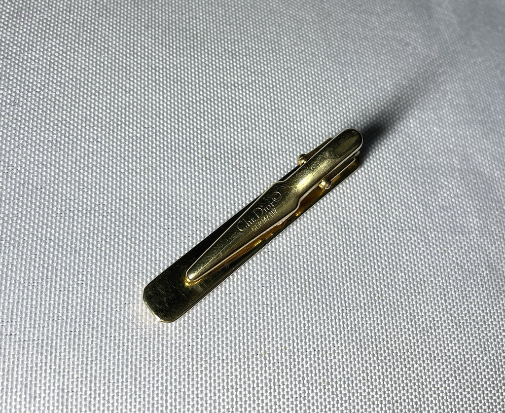 Auth Rare Dior CD Logo Stripe line Design Vintage Tie Clip Gold Bar pin Business