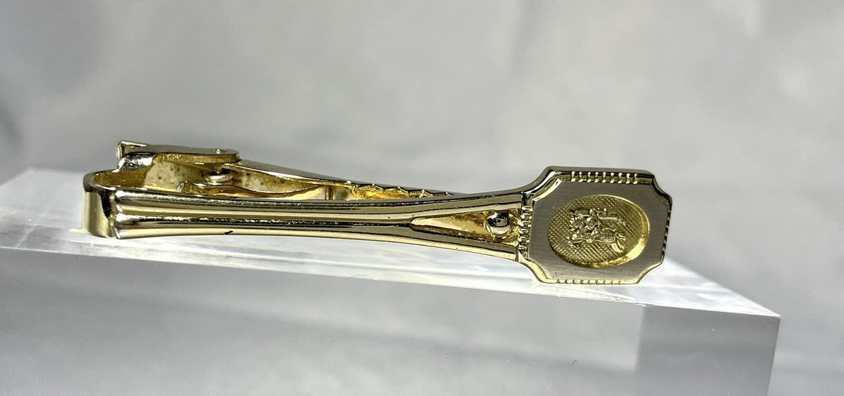 Auth Burberry Tie Clip Night horse Large Logo Bar pin Gold vintage