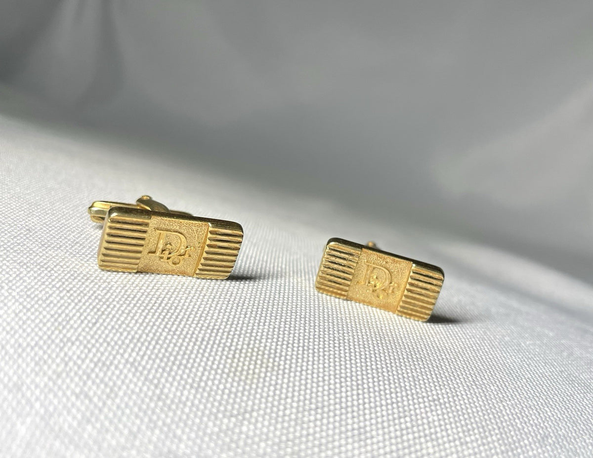 Auth [Rare] Dior Brand Logo & Stripe Vintage square Cufflinks gold Business men