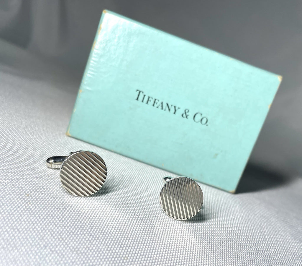 Auth [Beautiful] Tiffany Stripe Line Sterling Silver925 Vintage Cufflinks +Box