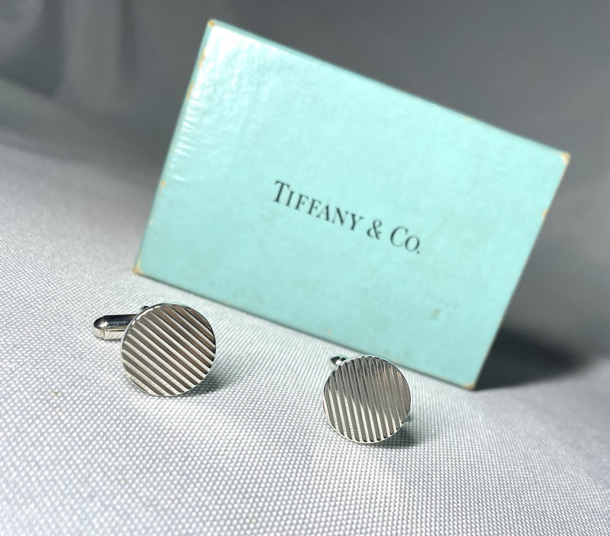 Auth [Beautiful] Tiffany Stripe Line Sterling Silver925 Vintage Cufflinks +Box