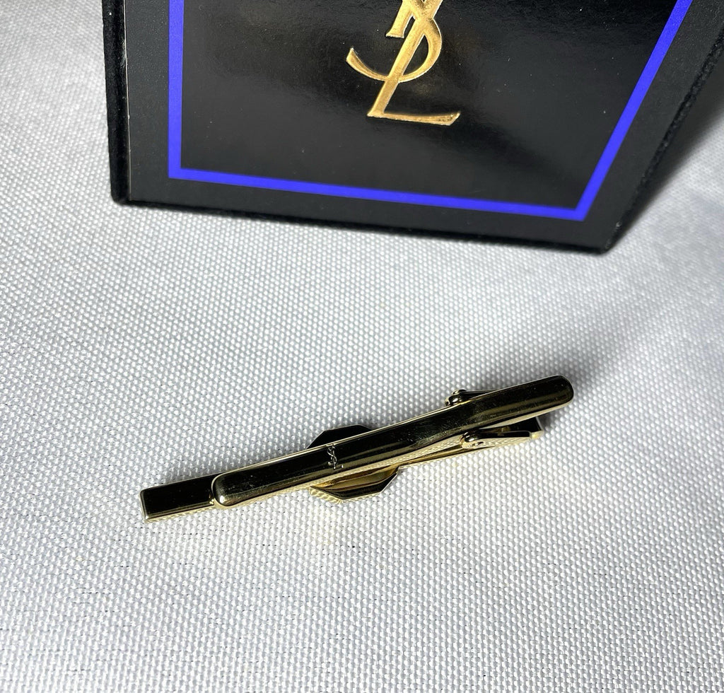 Auth [Rare] Yves Saint Laurent Tie clip YSL bijoux Black stone gold bar