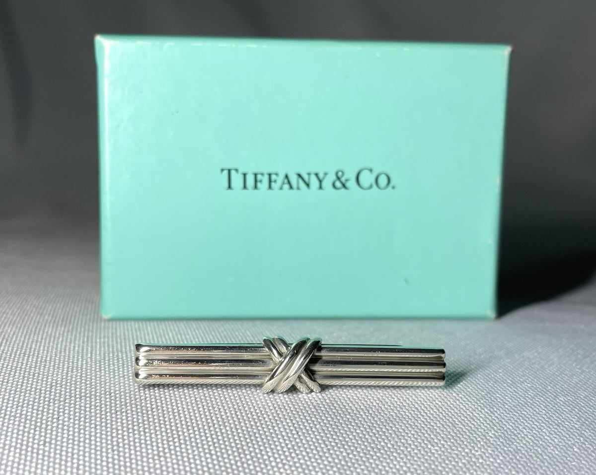 Auth Rare Tiffany Signature Cross & Stripe Vintage tie clip pin bar silver SV925