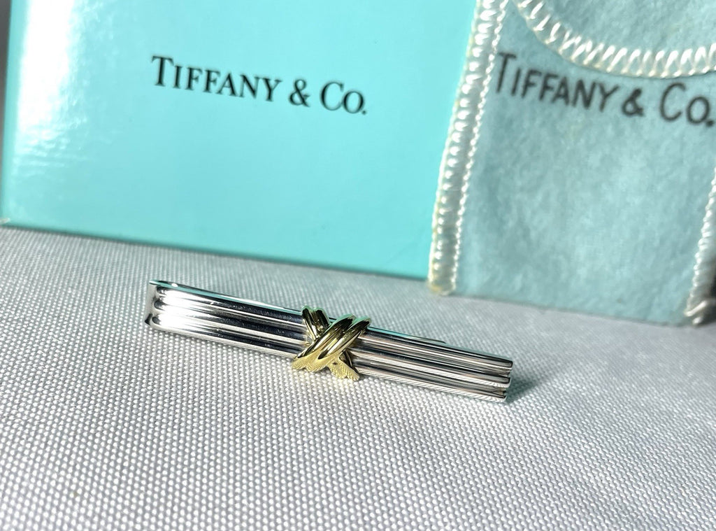 Auth [Beautiful] Tiffany Signature Cross&Stripe 18K 750 & SV925 tie clip pin bar