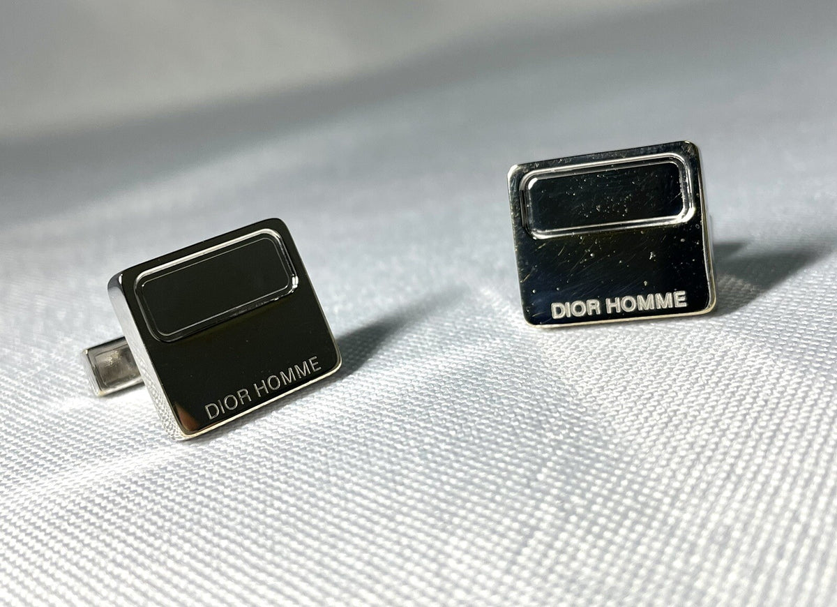 Auth [Super Rare] Dior Homme Cufflinks Logo Letter Square Chrome Silver