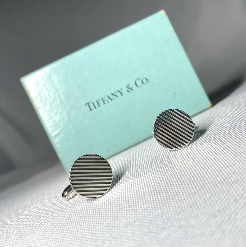 Auth [Beautiful] Tiffany Stripe Line Sterling Silver925 Vintage Cufflinks +Box