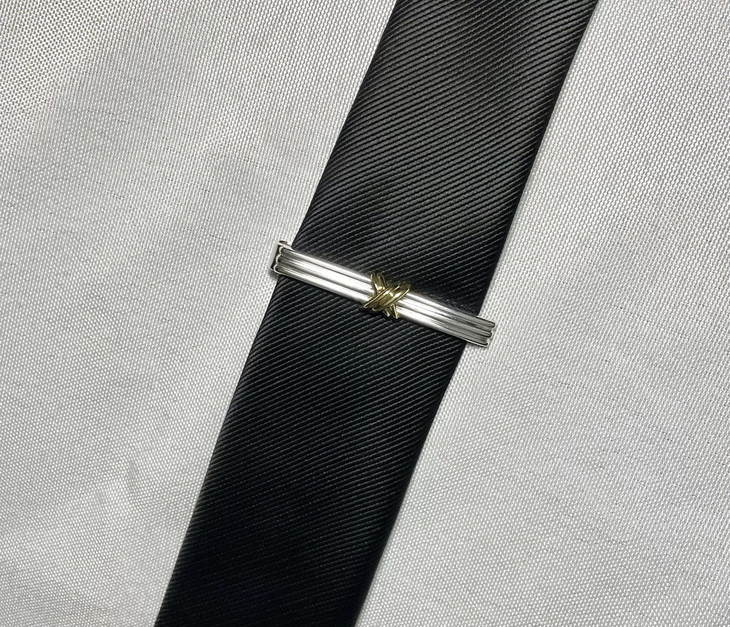 Auth [Beautiful] Tiffany Signature Cross&Stripe 18K 750 & SV925 tie clip pin bar