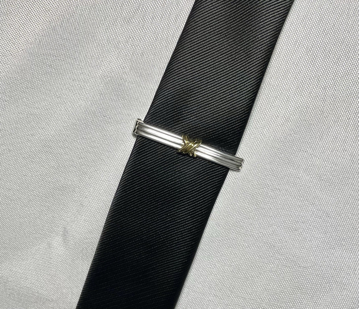 Auth [Beautiful] Tiffany Signature Cross&Stripe 18K 750 & SV925 tie clip pin bar