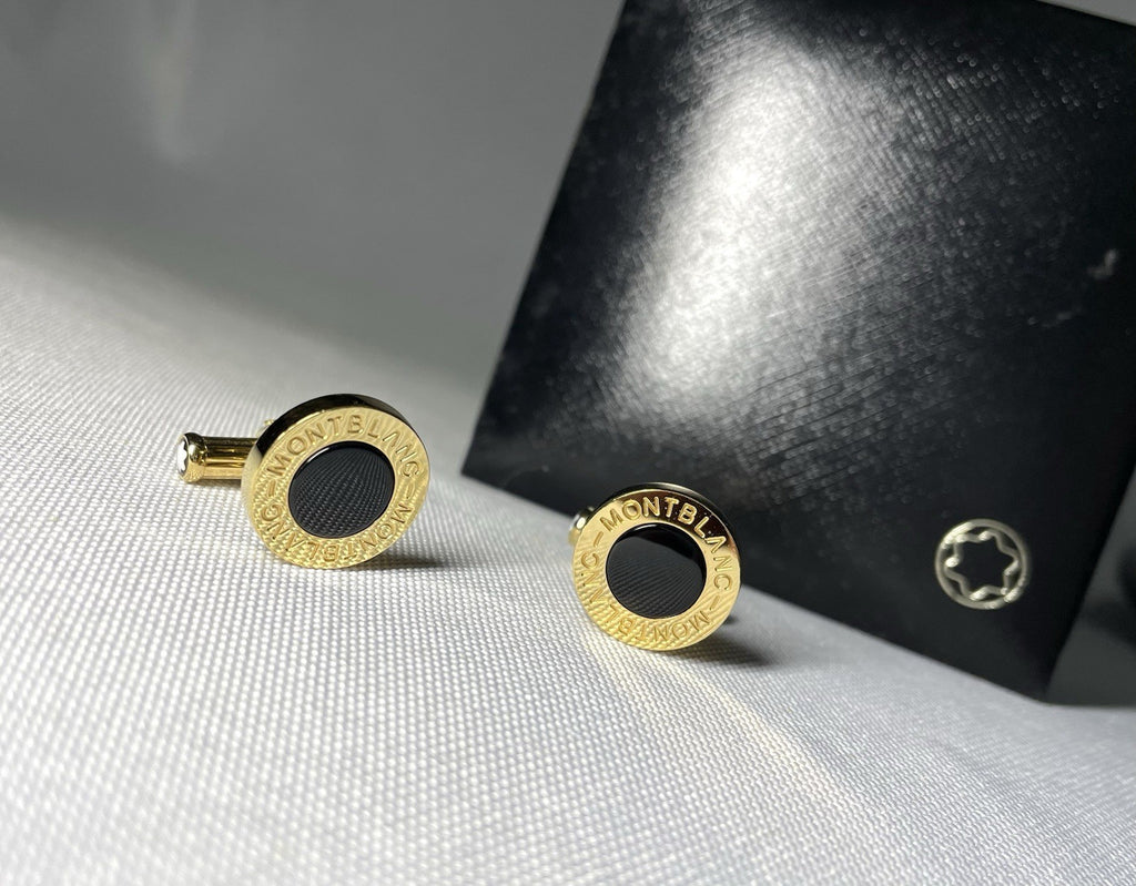 Auth [Beautiful] Montblanc Logo gold metallic & black onyx Oval cufflinks +Box