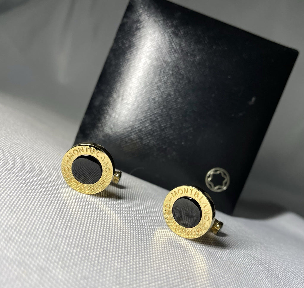 Auth [Beautiful] Montblanc Logo gold metallic & black onyx Oval cufflinks +Box