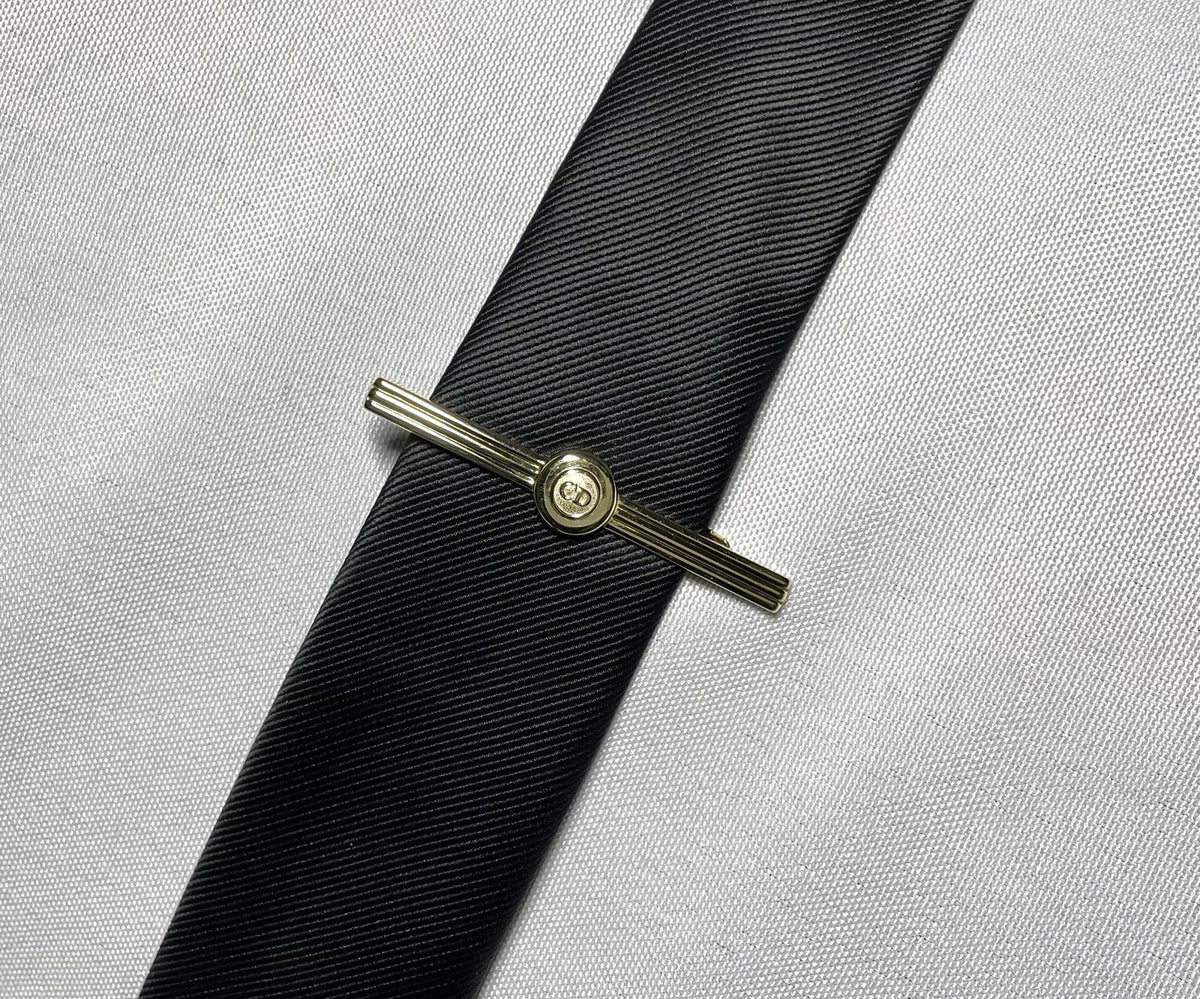 Auth [Beautiful] Dior Homme CD Logo Stripe design Gold Tie Clip Bar pin Gift Box
