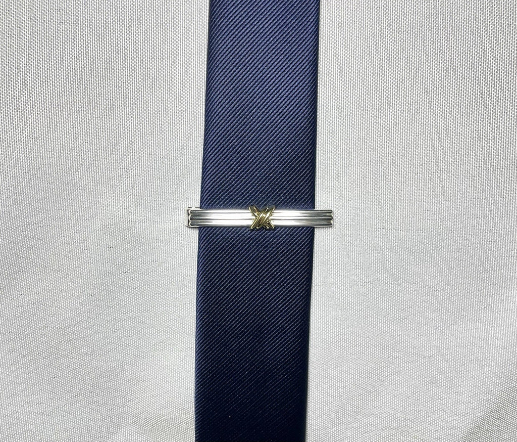 Auth [Beautiful] Tiffany Signature Cross&Stripe 18K 750 & SV925 tie clip pin bar