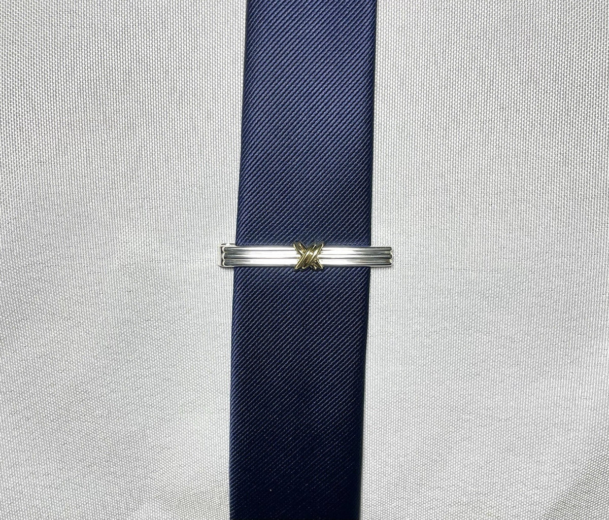 Auth [Beautiful] Tiffany Signature Cross&Stripe 18K 750 & SV925 tie clip pin bar