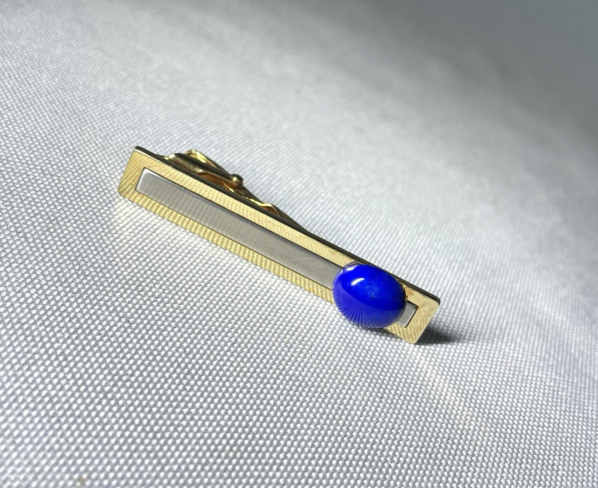 Auth Rare Dior Tie Clip Blue Stone Decorations & Gold Vintage bar pin
