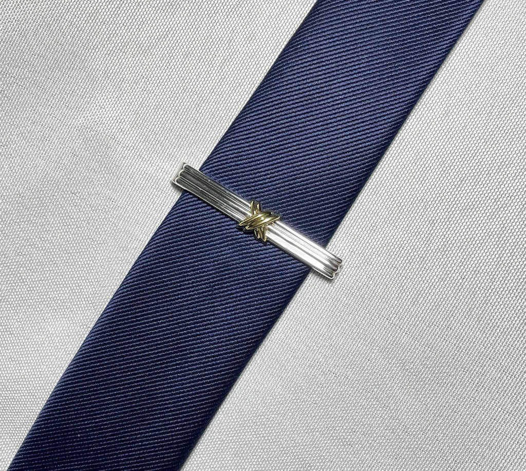 Auth [Beautiful] Tiffany Signature Cross&Stripe 18K 750 & SV925 tie clip pin bar