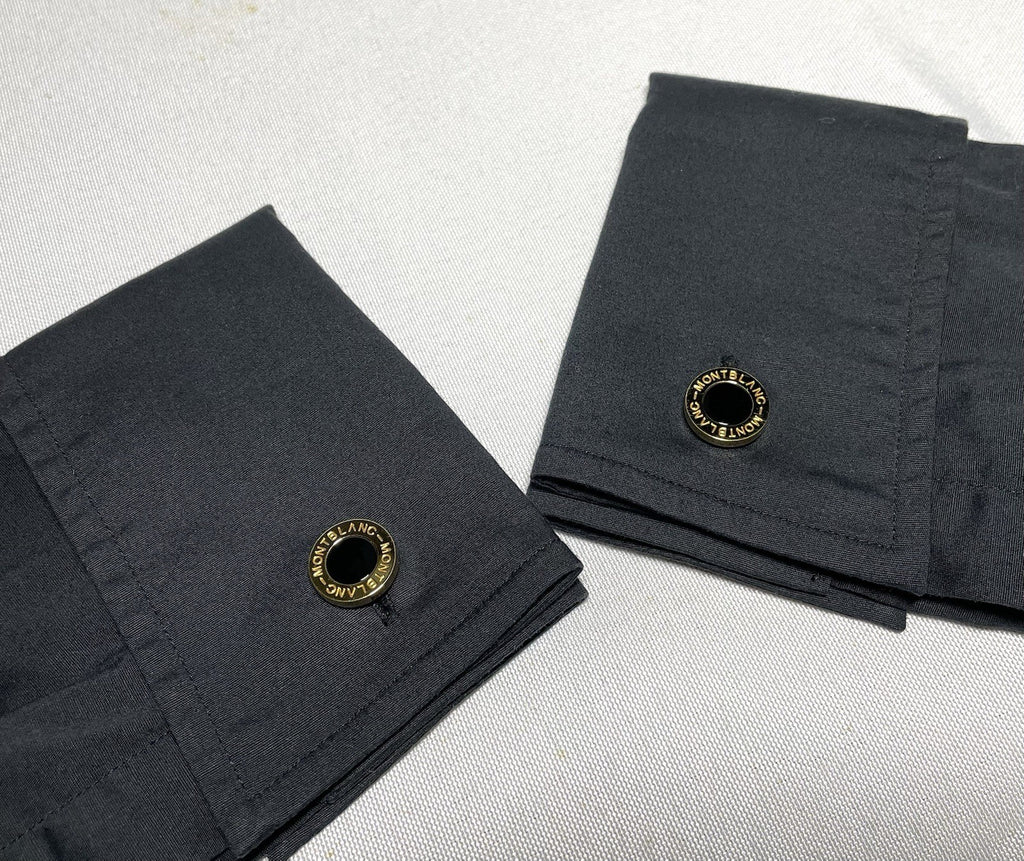 Auth [Beautiful] Montblanc Logo gold metallic & black onyx Oval cufflinks +Box