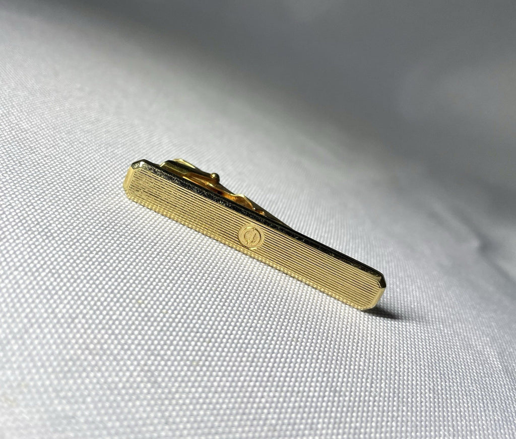 Auth Rare Dior CD Logo Stripe line Design Vintage Tie Clip Gold Bar pin Business