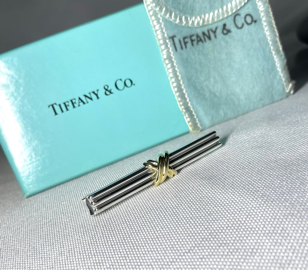 Auth [Beautiful] Tiffany Signature Cross&Stripe 18K 750 & SV925 tie clip pin bar