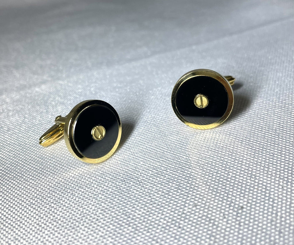 Auth [Rare] Dunhill Cufflinks D Logo Gold & Black Oval Vintage Antique Men's