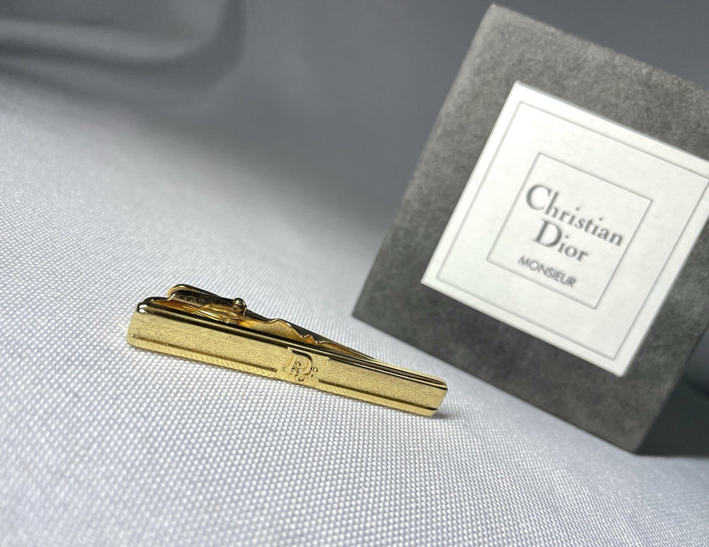 Auth [Rare] Dior tie clip logo tie bar tie pin gold vintage Mens Business +Box