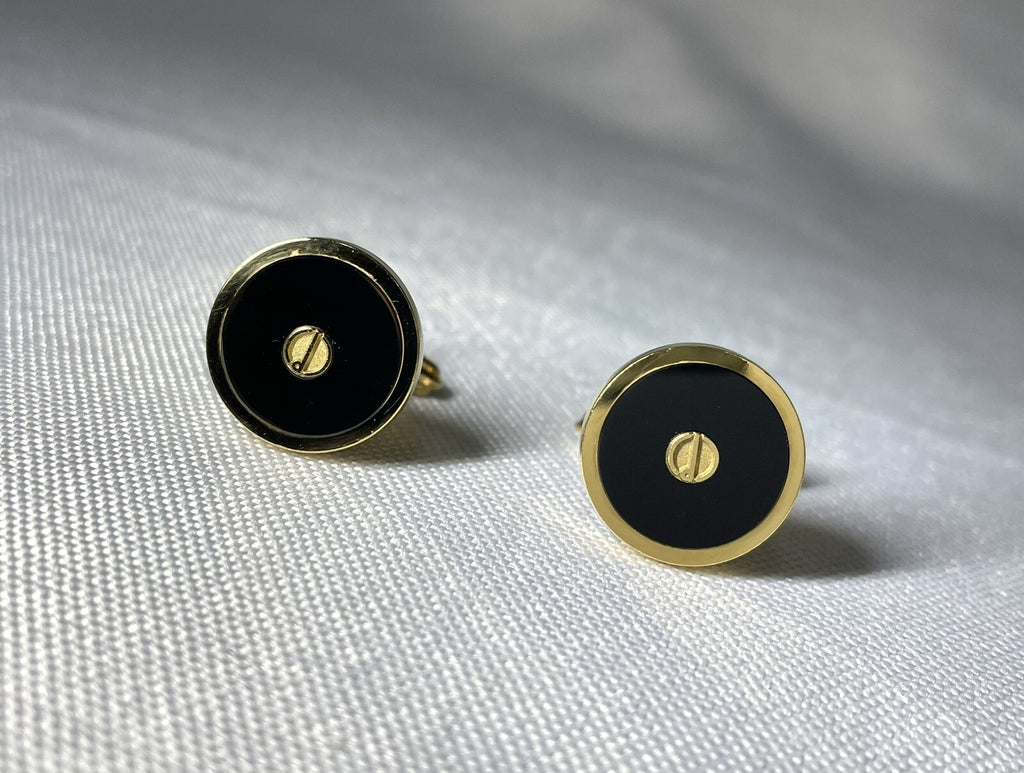Auth [Rare] Dunhill Cufflinks D Logo Gold & Black Oval Vintage Antique Men's