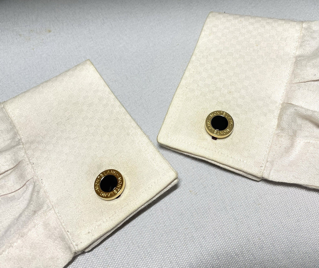 Auth [Beautiful] Montblanc Logo gold metallic & black onyx Oval cufflinks +Box