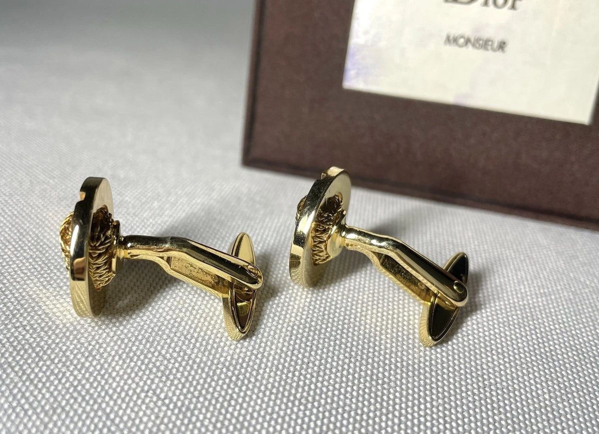 Auth [Beautiful] Dior CD & mesh Design & Oval vintage Cufflinks Gold +Box Gift