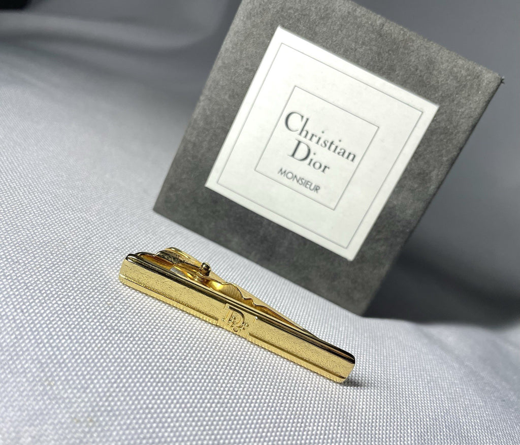 Auth [Rare] Dior tie clip logo tie bar tie pin gold vintage Mens Business +Box