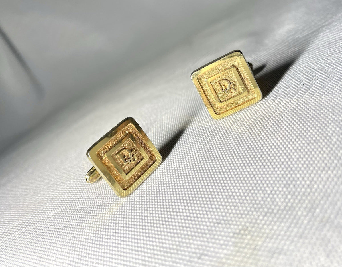 Auth [Rare] Dior Brand Logo & line Vintage square Cufflinks gold Business men