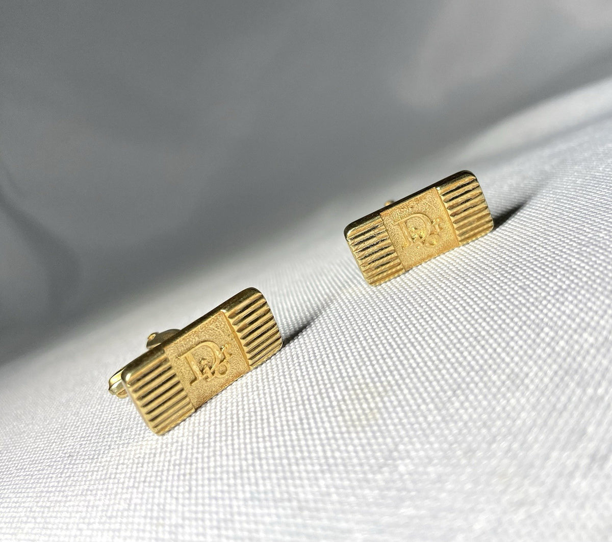 Auth [Rare] Dior Brand Logo & Stripe Vintage square Cufflinks gold Business men