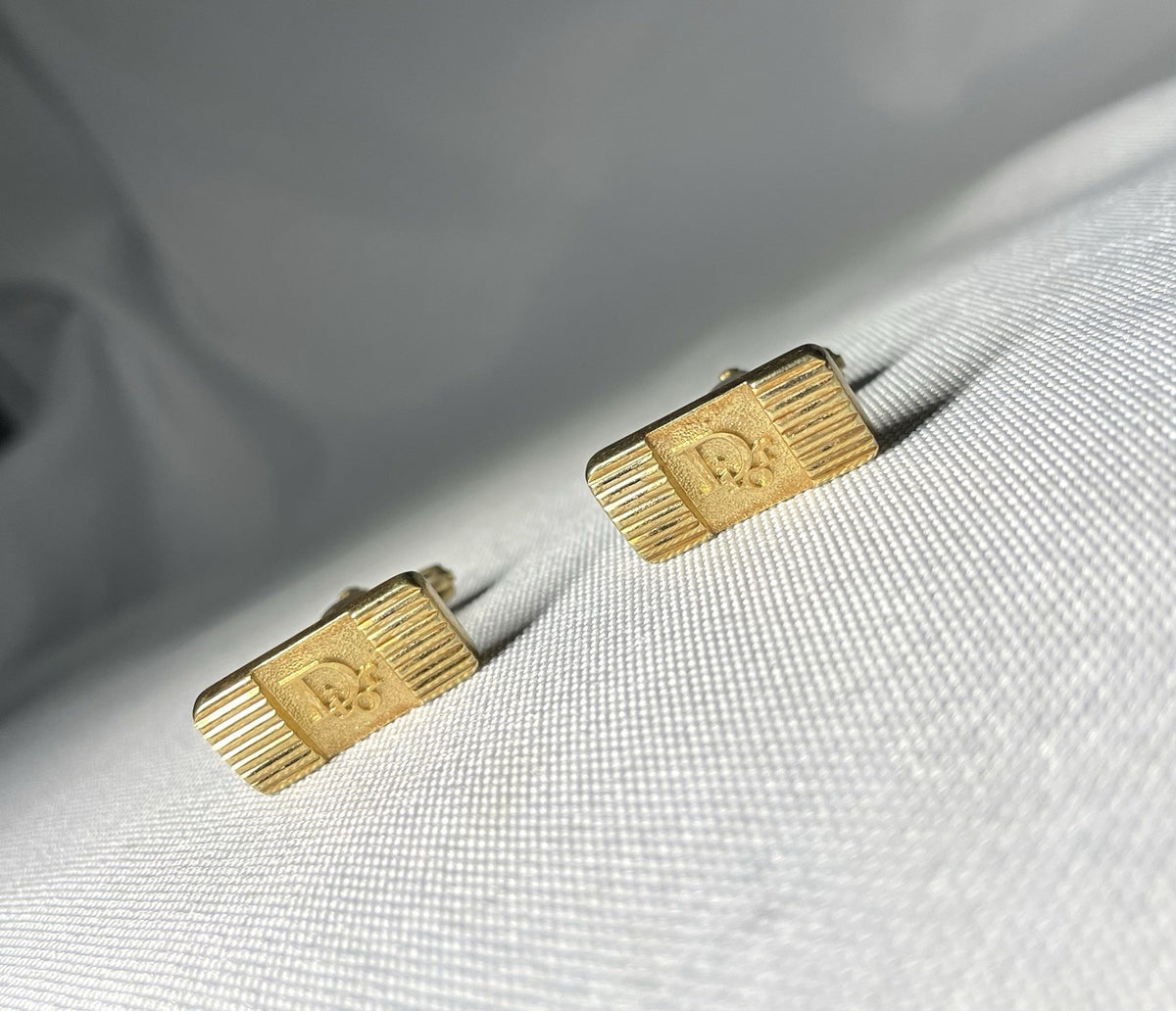 Auth [Rare] Dior Brand Logo & Stripe Vintage square Cufflinks gold Business men