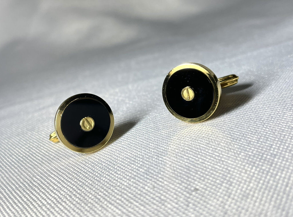 Auth [Rare] Dunhill Cufflinks D Logo Gold & Black Oval Vintage Antique Men's