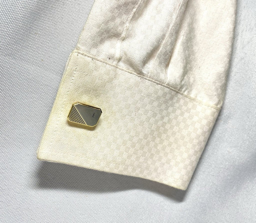 Auth Yves Saint Laurent YSL stripe Gold & Silver tie Clip Cufflinks set bar +Box