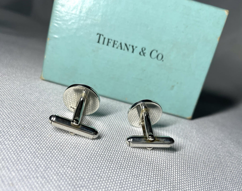 Auth [Beautiful] Tiffany Stripe Line Sterling Silver925 Vintage Cufflinks +Box