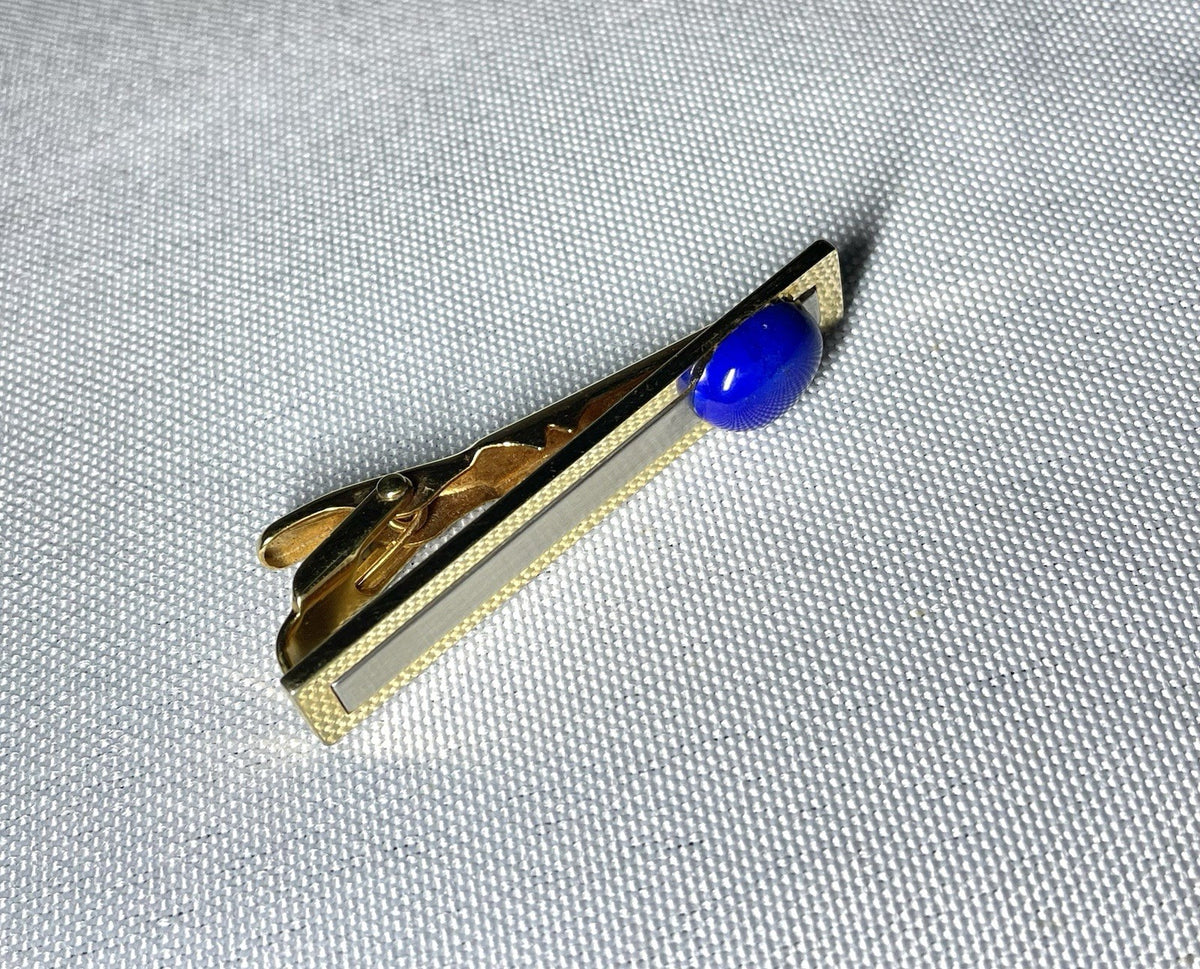 Auth Rare Dior Tie Clip Blue Stone Decorations & Gold Vintage bar pin