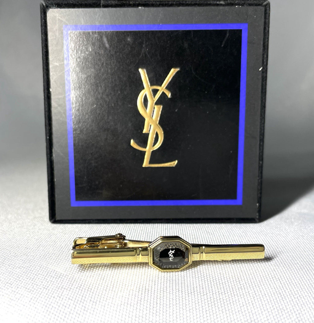 Auth [Rare] Yves Saint Laurent Tie clip YSL bijoux Black stone gold bar