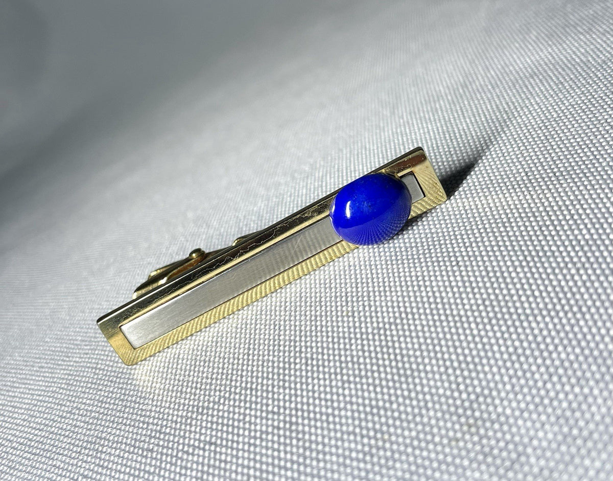 Auth Rare Dior Tie Clip Blue Stone Decorations & Gold Vintage bar pin