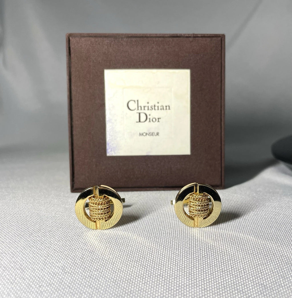 Auth [Beautiful] Dior CD & mesh Design & Oval vintage Cufflinks Gold +Box Gift