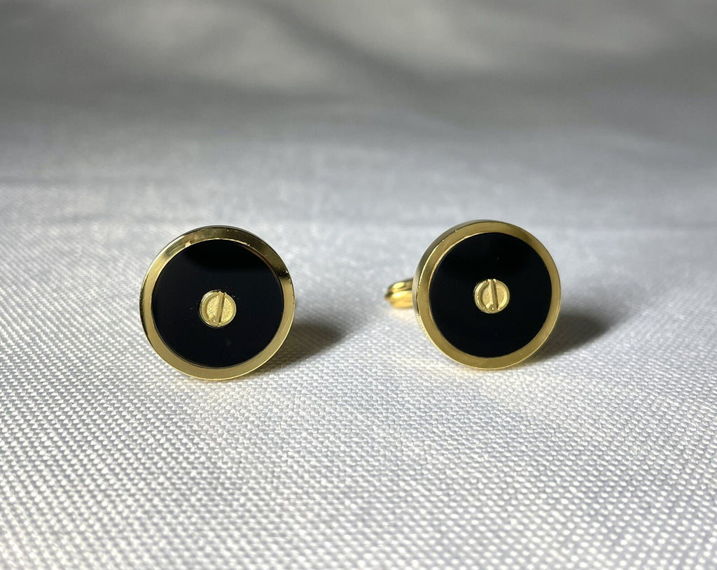 Auth [Rare] Dunhill Cufflinks D Logo Gold & Black Oval Vintage Antique Men's