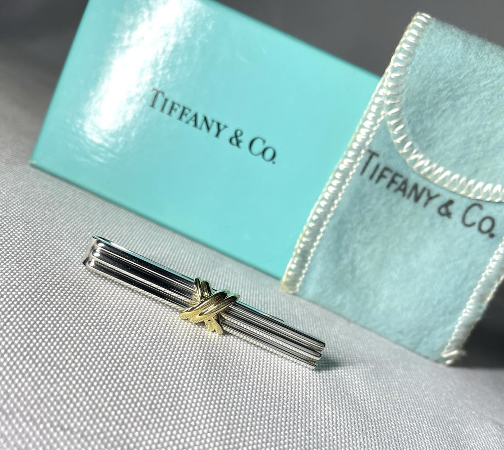 Auth [Beautiful] Tiffany Signature Cross&Stripe 18K 750 & SV925 tie clip pin bar