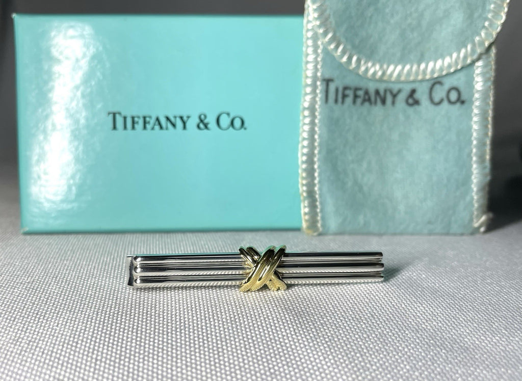 Auth [Beautiful] Tiffany Signature Cross&Stripe 18K 750 & SV925 tie clip pin bar